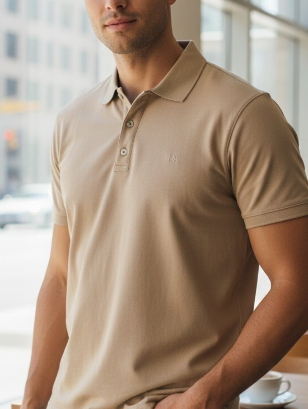 Michael Kors Men's Khaki Polo Shirt With MK Buttons And Chest Logo Size XL
